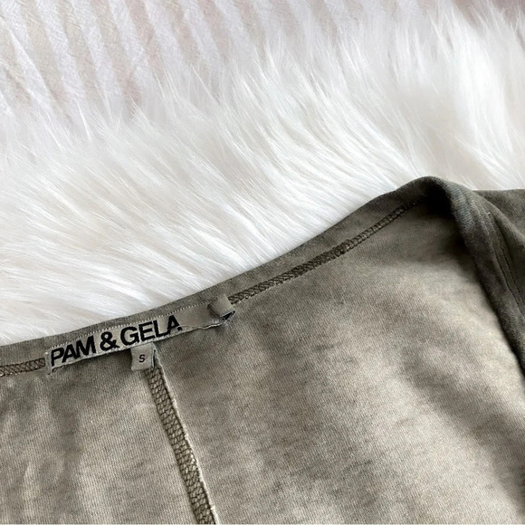 PAM & GELA Ruched Side Tie Bodycon Mini Dress Shirred Scoop Neck Cotton Olive - Picture 6 of 14